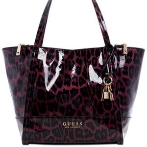 GUESS Heidi Tote With NEW Matching Wallet - Black, Purple Leopard and Keychain